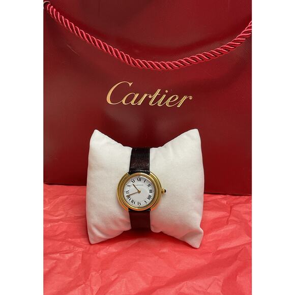 Authentic 18K Solid Yellow Gold Cartier Watch with Black & Brown Leather Band - Picture 1 of 6